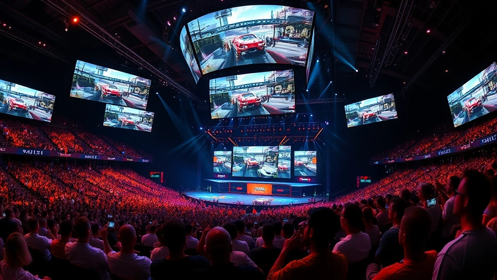 Professional esports arena with massive screens displaying Grand Theft Auto gameplay, thousands of passionate gaming fans cheering in stadium seating, dramatic lighting highlighting the excitement and energy of competitive gaming culture