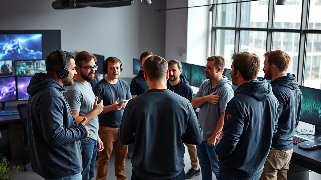 Diverse group of gamers gathered in modern gaming lounge, standing around discussing animated, some gesturing expressively, variety of gaming setups visible in background, natural lighting capturing candid moment of community conversation and debate