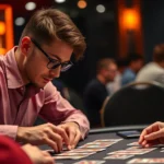 Professional competitive card game player intensely focused during tournament match, colorful trading cards displayed on table, dramatic lighting highlighting concentration