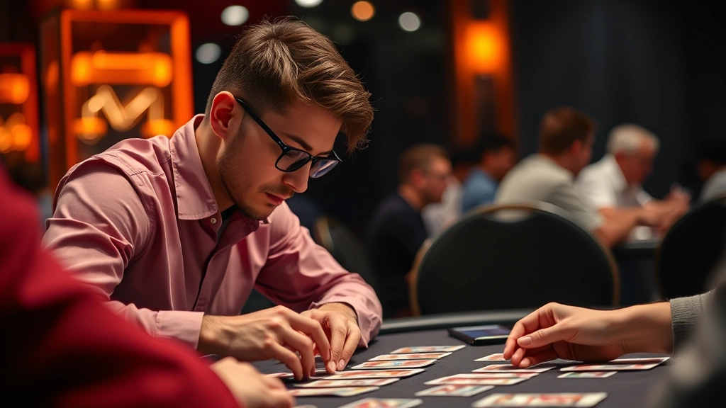 Professional competitive card game player intensely focused during tournament match, colorful trading cards displayed on table, dramatic lighting highlighting concentration