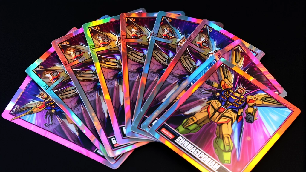 Spread of rare holographic Gundam trading cards fanned out showing mobile suit artwork with metallic effects and vibrant colors, natural studio lighting
