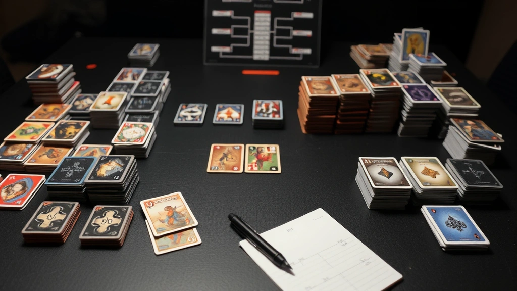 Organized card deck construction workspace with multiple card piles sorted by type, pen for notes, tournament bracket visible in background, clean minimalist setup