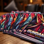 Photorealistic close-up of colorful Gundam trading cards fanned across a wooden table with dramatic lighting, showing intricate artwork and holographic details