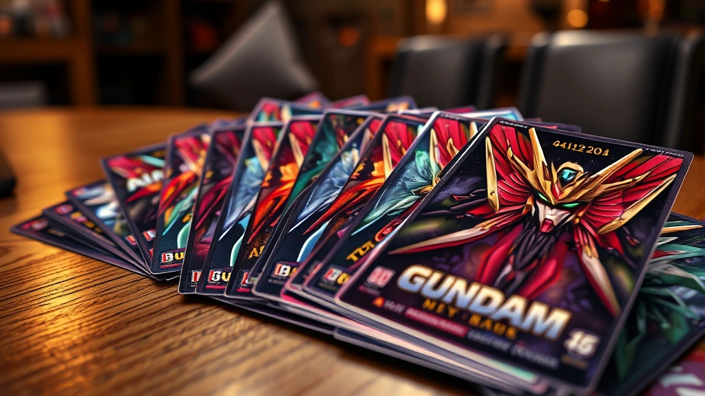 Photorealistic close-up of colorful Gundam trading cards fanned across a wooden table with dramatic lighting, showing intricate artwork and holographic details