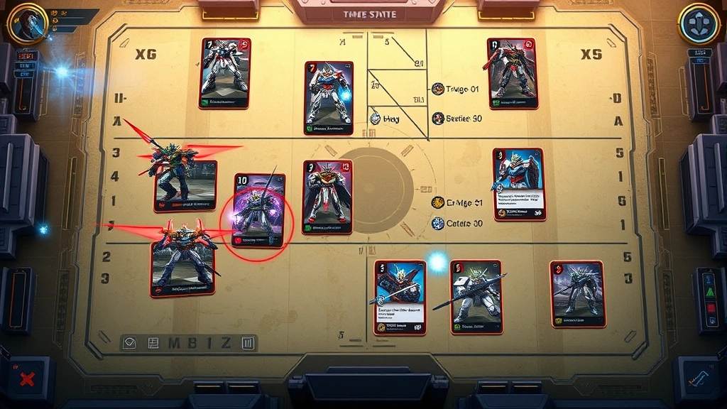 Overhead view of active Gundam TCG game state with multiple mobile suit cards positioned strategically on field zones, showing dynamic battle positioning and card placement tactics