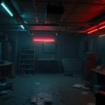 Moody underground game chamber with scattered personal belongings, dim neon lighting, worn furniture, mysterious atmosphere, photorealistic, no text or UI elements