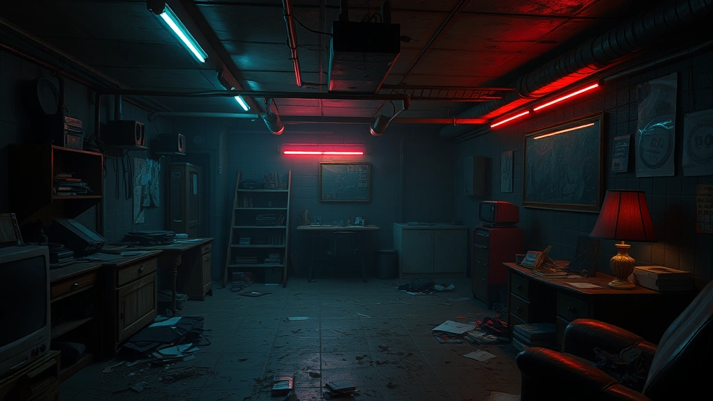 Moody underground game chamber with scattered personal belongings, dim neon lighting, worn furniture, mysterious atmosphere, photorealistic, no text or UI elements