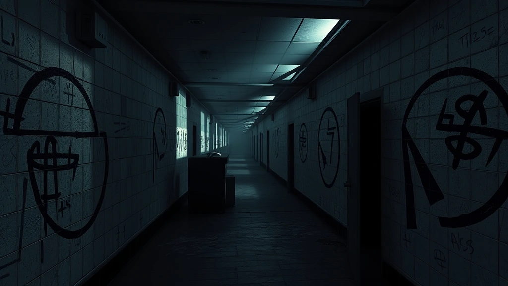 Dense network of interconnected corridors with cryptic symbols marked on walls, atmospheric lighting casting long shadows, abandoned aesthetic, photorealistic gaming environment