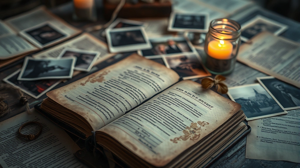 Close-up of weathered journal pages and old photographs scattered on a table, candlelit ambiance, mysterious documents, photorealistic detail without any visible text