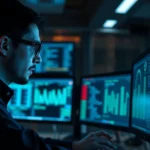 A professional cybersecurity analyst reviewing security data on multiple monitors in a dark tech office environment, focused and concentrated, with blue light reflecting off glasses, no text or UI elements visible