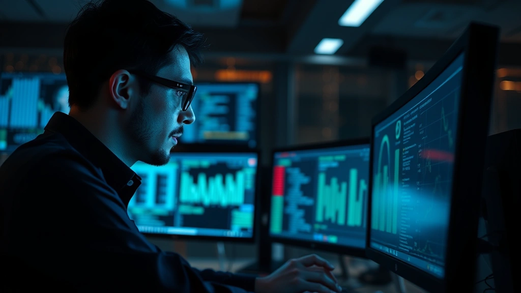 A professional cybersecurity analyst reviewing security data on multiple monitors in a dark tech office environment, focused and concentrated, with blue light reflecting off glasses, no text or UI elements visible