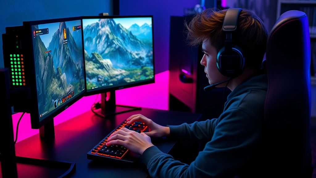 A gamer sitting at an RGB-lit gaming PC setup, hands on keyboard and mouse, intense focus on the monitor displaying an online multiplayer game environment with mountains and fantasy scenery in the background