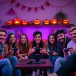 A diverse group of friends gathered around a gaming setup with Halloween decorations, jack-o'-lanterns glowing in background, controllers in hands, comfortable gaming chairs, atmospheric purple and orange lighting, excited expressions, cozy living room ambiance