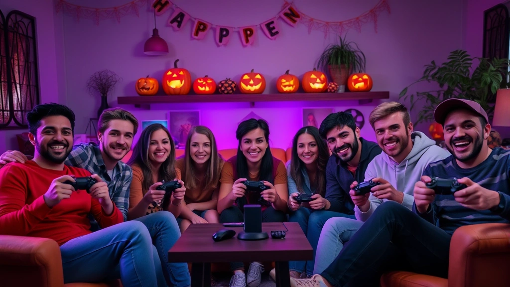 A diverse group of friends gathered around a gaming setup with Halloween decorations, jack-o'-lanterns glowing in background, controllers in hands, comfortable gaming chairs, atmospheric purple and orange lighting, excited expressions, cozy living room ambiance