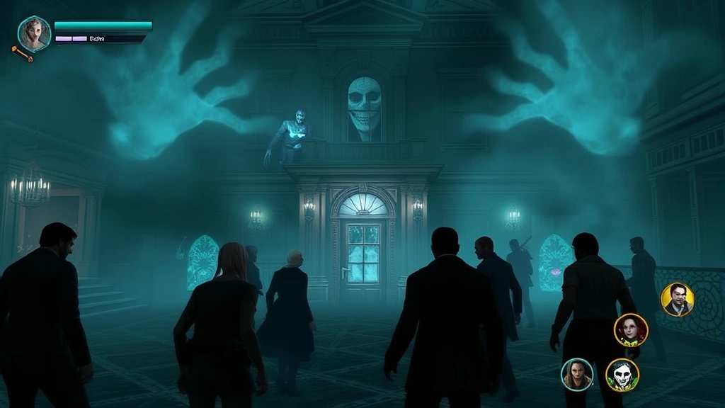 Gameplay scene showing multiple characters in a haunted digital environment, atmospheric fog effects, spooky mansion interior, eerie blue-green lighting, supernatural elements visible, immersive gaming atmosphere, diverse character avatars visible on screen