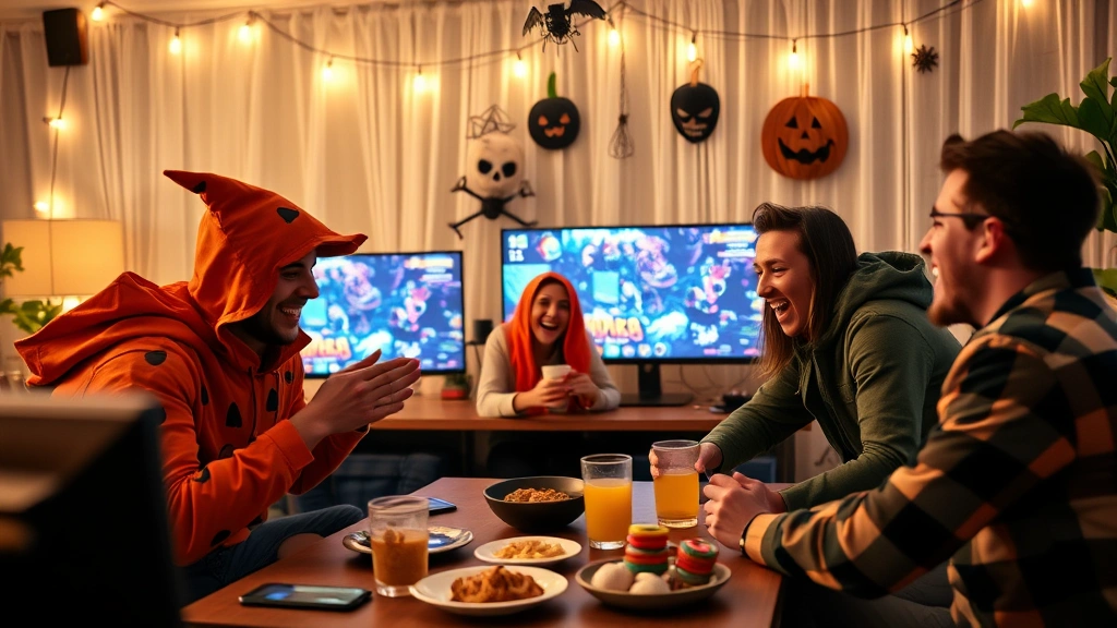 Friends reacting during intense multiplayer gaming session, Halloween costume elements visible, monitor screens showing colorful party game interface, snacks and drinks on table, genuine laughter and engagement, cozy party atmosphere with string lights and decorations