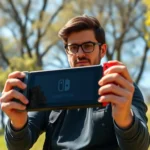 Professional gamer holding a Nintendo Switch in both hands, playing outdoors on a sunny day, focused expression, realistic lighting, modern clothing, natural background with trees and grass