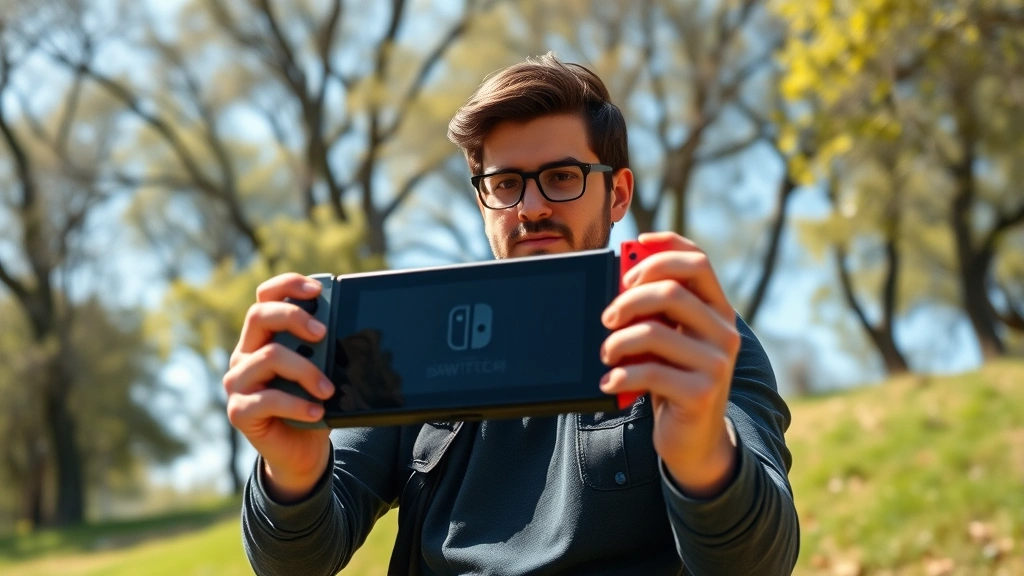 Professional gamer holding a Nintendo Switch in both hands, playing outdoors on a sunny day, focused expression, realistic lighting, modern clothing, natural background with trees and grass