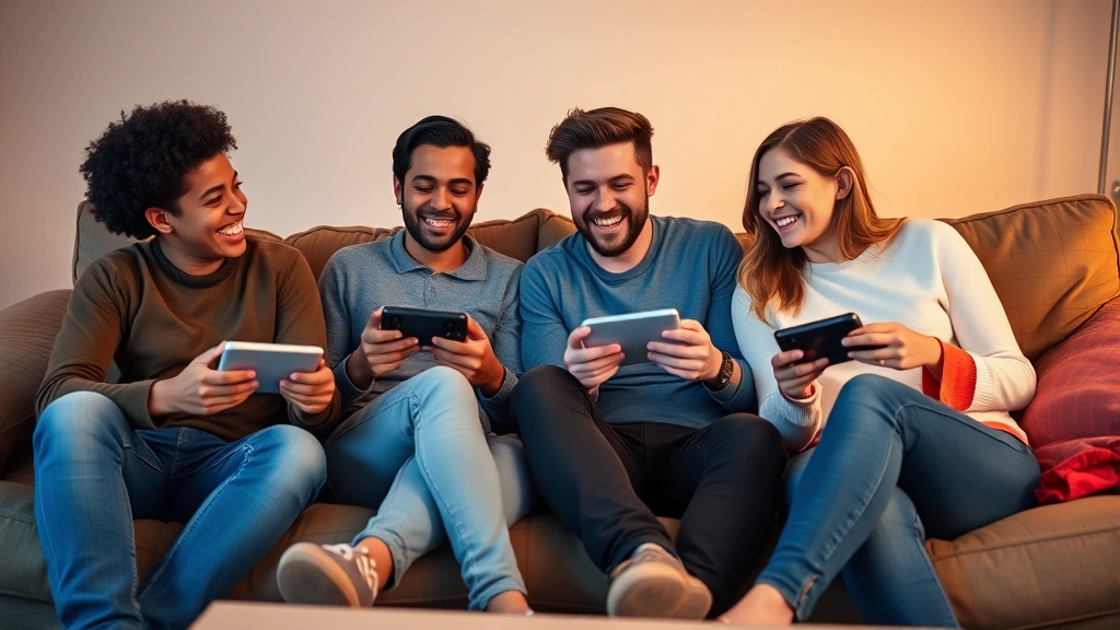 Diverse group of four friends sitting together playing handheld games on a comfortable couch, laughing and engaged, warm indoor lighting, casual home setting, multiple gaming devices visible