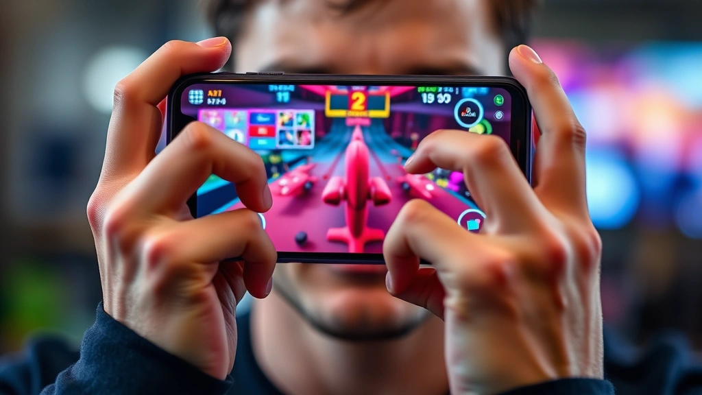 Close-up of hands holding a modern smartphone displaying colorful game graphics, vibrant screen colors reflecting on player's face, detailed hand positioning, professional photography style