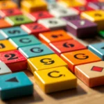 Close-up of colorful musical tile pieces arranged on a wooden table with soft natural lighting, showing intricate design details and smooth textures of premium board game components