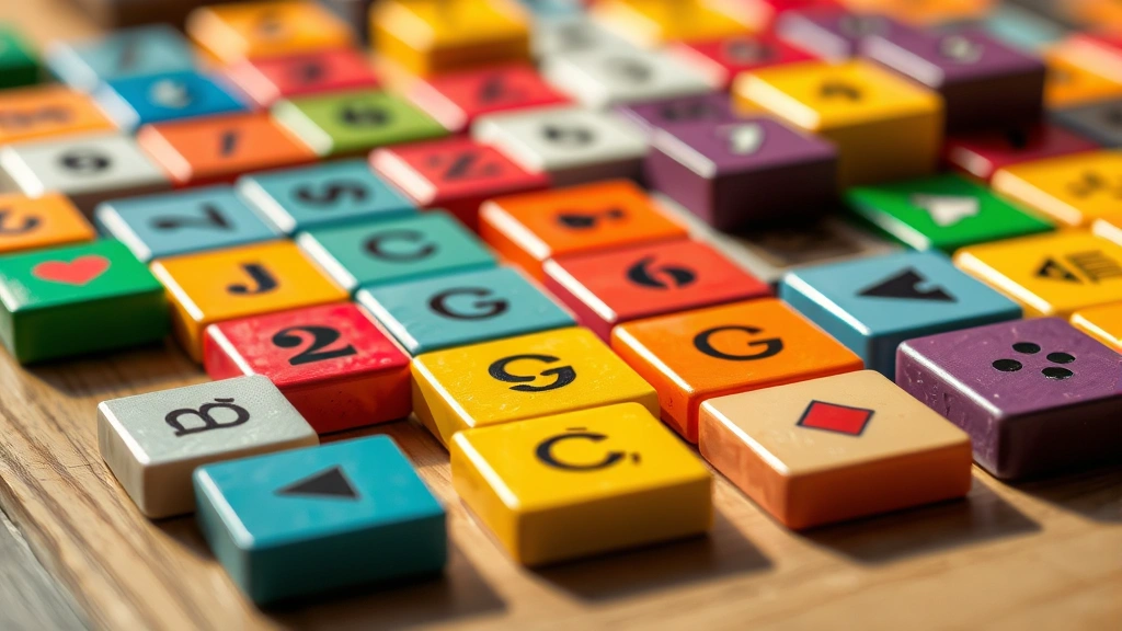Close-up of colorful musical tile pieces arranged on a wooden table with soft natural lighting, showing intricate design details and smooth textures of premium board game components