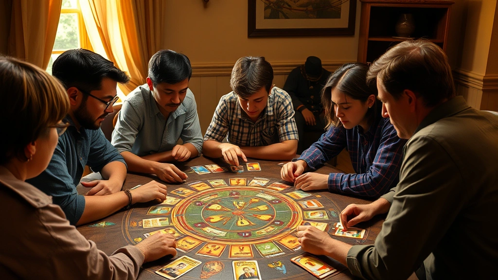 Players gathered around a table playing Harmonies board game, focused expressions visible as they contemplate their next moves, with game board and cards visible in warm lighting