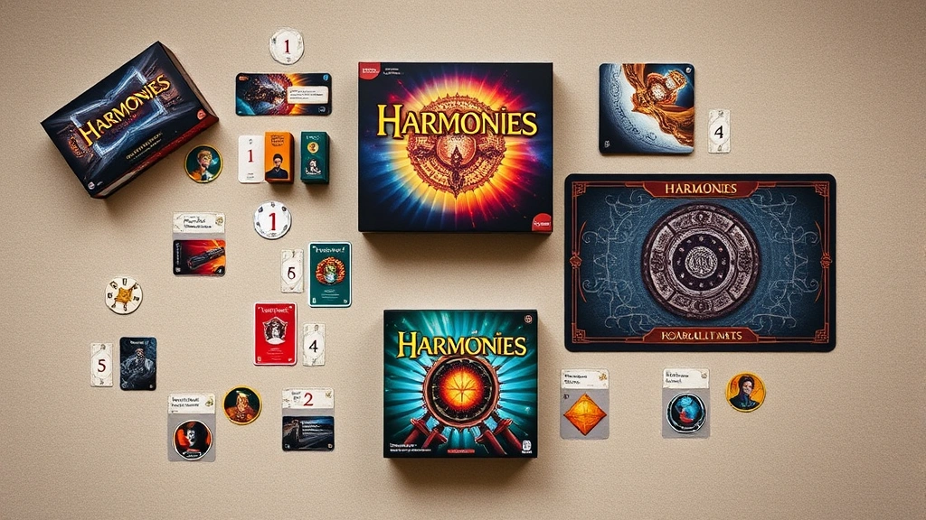 Overhead flat-lay photography of Harmonies board game components including tiles, cards, player mats, and the game box arranged artistically on a neutral background