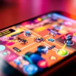 Close-up of a smartphone screen showing a colorful gaming interface with multiple players represented by avatar icons in a vibrant virtual environment, warm lighting, mobile gaming aesthetic