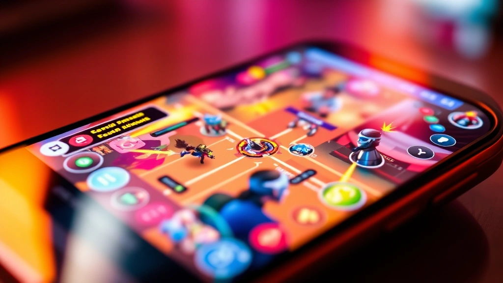 Close-up of a smartphone screen showing a colorful gaming interface with multiple players represented by avatar icons in a vibrant virtual environment, warm lighting, mobile gaming aesthetic