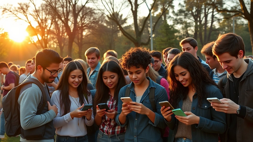 Large group of diverse players gathered in an outdoor park setting during golden hour, looking at their smartphones with expressions of excitement and engagement, natural sunlight, real-world gaming community moment