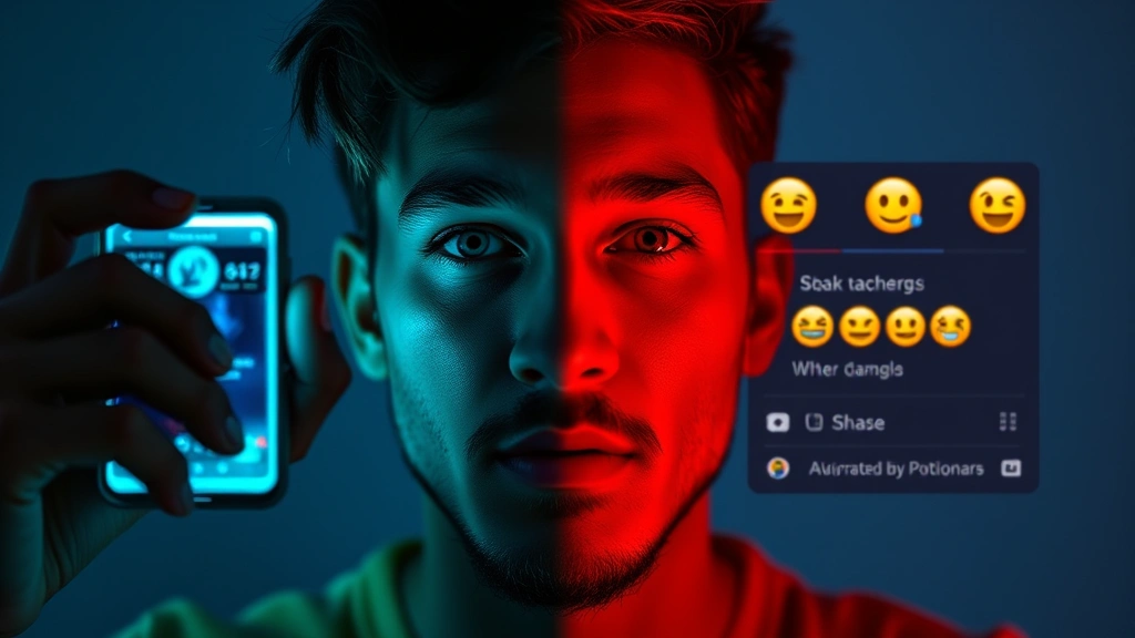 Split-screen composition showing a player's face illuminated by smartphone glow on one side and their gaming achievements displayed as emoji and text on the other side, social media sharing moment, dynamic lighting