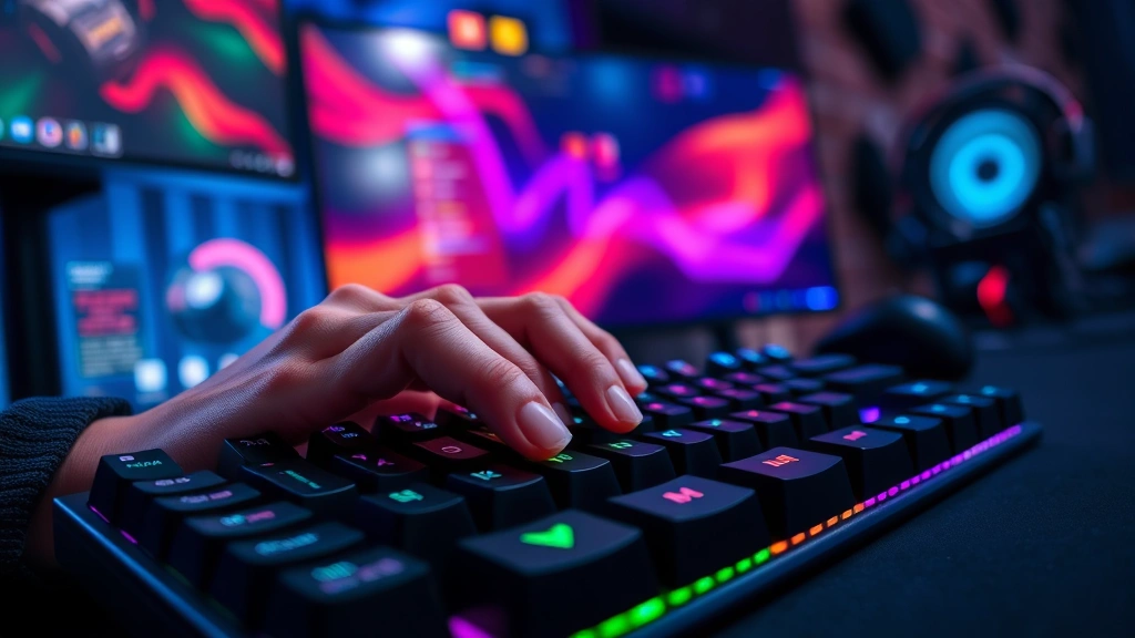 Photorealistic image of a gamer's hands on a mechanical keyboard with RGB lighting, gaming monitor displaying vibrant colors in the background, professional streaming setup environment, close-up perspective showing gaming intensity and focus