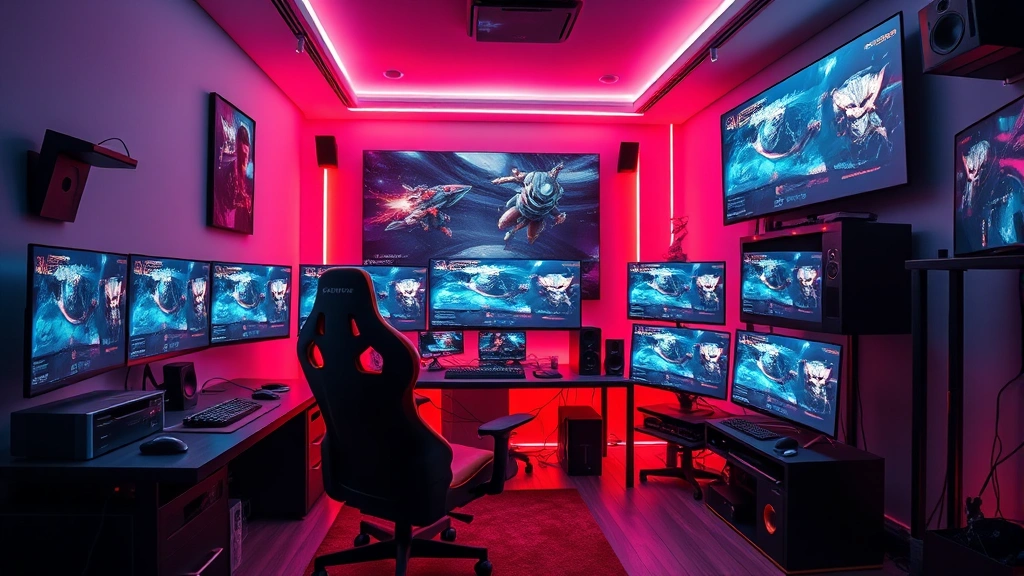 Photorealistic image of a modern gaming room with multiple monitors displaying gaming content, neon lighting, comfortable gaming chair, professional esports setup, showcasing the complete gaming environment and streaming infrastructure