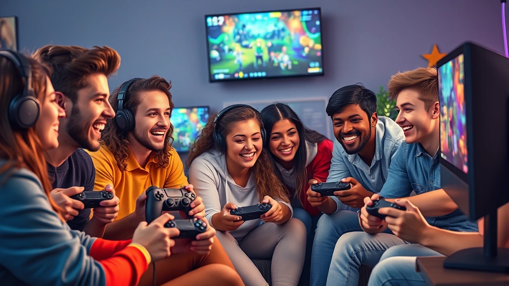 Photorealistic image of diverse gaming community members playing together on console and PC, showing friendship and collaboration through gaming, colorful game worlds visible on screens, emphasizing social connection and community engagement