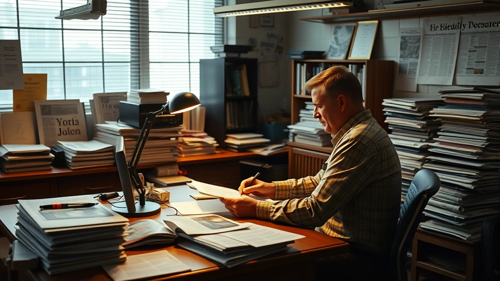 Photorealistic newspaper office workspace with editor sitting at wooden desk reviewing documents, warm desk lamp lighting, stacks of papers and folders, professional but lived-in environment, cinematic lighting