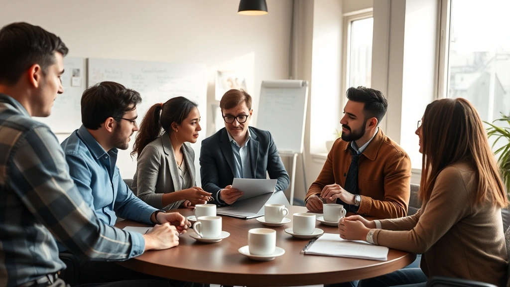 Diverse team of journalists collaborating in modern office setting, people discussing stories around table with coffee cups, whiteboards with notes in background, warm natural daylight from windows, professional atmosphere