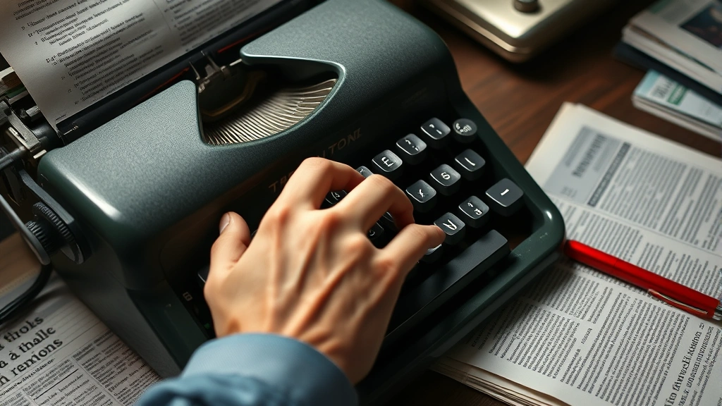 Close-up of hands typing on vintage typewriter with newspaper sheets and red pen nearby, focused creative work environment, dramatic side lighting, journalistic storytelling aesthetic