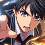 Close-up of anime male protagonist in school uniform with supernatural aura glowing around him, dynamic action pose mid-combat, intense expression, energy effects surrounding character, photorealistic lighting on face and uniform details, fantasy supernatural atmosphere, no UI elements visible