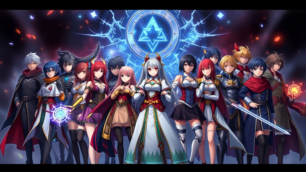 Group of diverse anime characters standing together in dramatic battle formation, mixed genders in fantasy warrior outfits, glowing magical effects around them, dynamic lighting and shadows, cinematic composition, no text or UI, photorealistic character rendering with anime art style