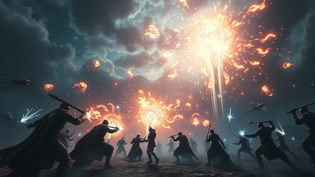 Epic supernatural battle scene with multiple characters engaged in combat, magical explosions and energy effects illuminating the scene, dramatic sky with mystical elements, photorealistic lighting and particle effects, action-focused composition, no game menus or HUD visible