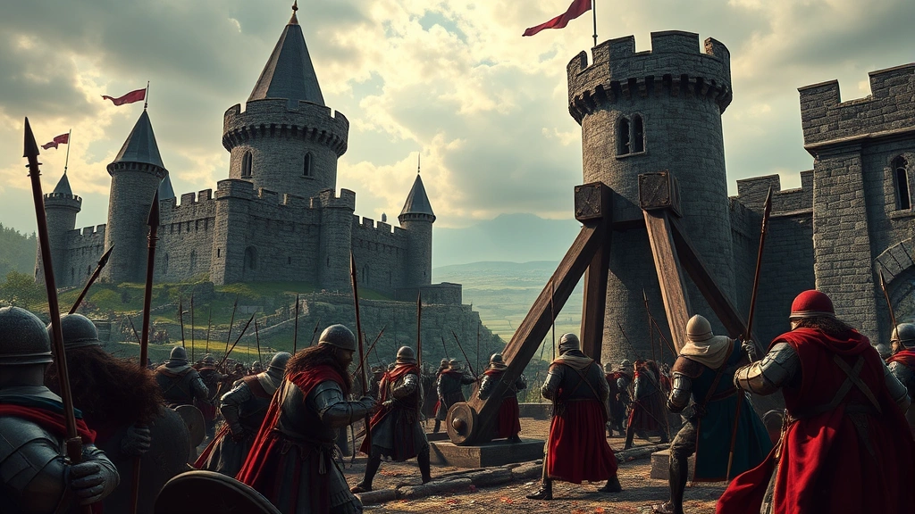 Medieval castle siege scene with soldiers and trebuchets, historical armor and weapons, dramatic landscape, no UI elements or text overlays
