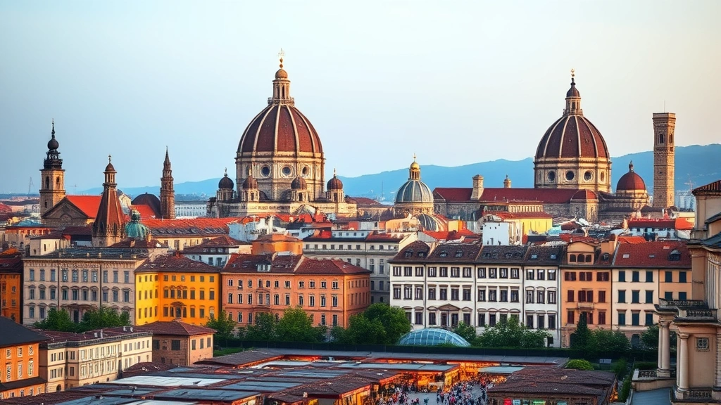 Renaissance city skyline with domed cathedrals and period architecture, golden hour lighting, bustling marketplace below, no text or modern elements