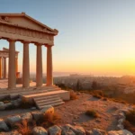 Photorealistic panoramic view of ancient Greek Parthenon ruins overlooking Athens during golden hour sunset, Mediterranean landscape visible in background, no text or UI elements