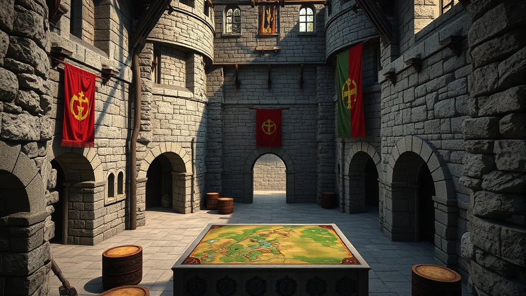 Detailed medieval castle fortress interior with stone architecture, banners, and strategic map table, photorealistic medieval setting, no game menus or HUD visible