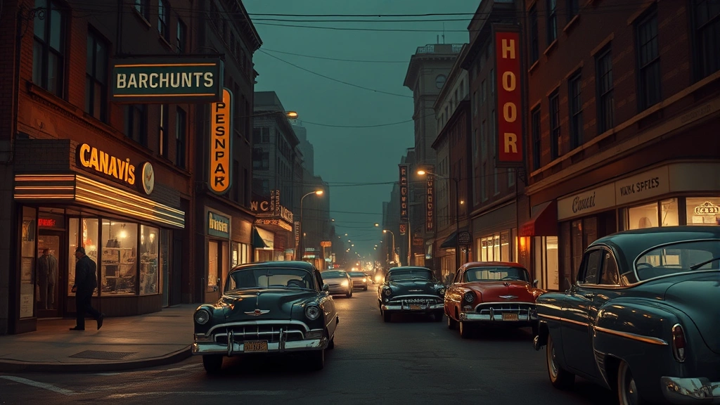 Atmospheric 1950s noir-style street scene with period cars, vintage storefronts, and moody lighting, photorealistic urban historical setting, no text overlays