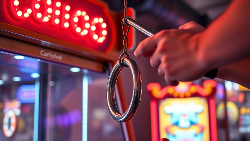 Professional arcade carnival hook and ring game setup with classic wooden frame, hanging ring on string, and polished steel hook, vibrant neon lighting, close-up of player's focused hands in mid-swing motion, photorealistic arcade environment