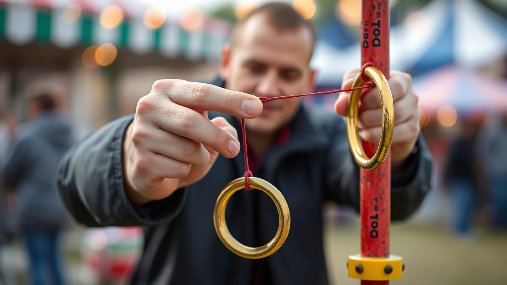 Expert player demonstrating perfect grip and stance for hook and ring game, hands showing correct finger positioning on string, body posture aligned toward hook target, outdoor carnival setting with blurred background, professional technique demonstration