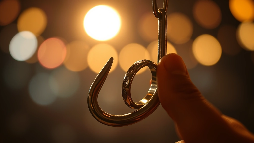 Victory moment of hook and ring game with ring successfully landing on hook, dramatic lighting highlighting the contact point, close-up of ring sitting securely on hook, celebration atmosphere with soft bokeh background