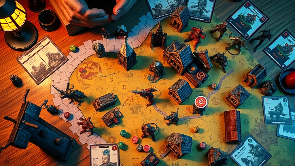 Overhead view of Horrified board game in progress with monster miniatures, character tokens, and item cards arranged on colorful illustrated town board, warm lighting on wooden table